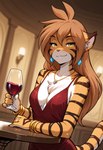 alcohol anthro beverage bracelet breasts brown_hair chest_tuft clothing container cup dress drinking_glass dutch_angle ear_piercing ear_ring female full_cleavage fur furniture gem glass glass_container glass_cup hair half-closed_eyes holding_beverage holding_object inside jewelry lamp looking_at_viewer medium_breasts narrowed_eyes necklace orange_body orange_fur piercing plunging_neckline prompt ring_(jewelry) ring_piercing smile solo standing table tuft white_body white_fur wine wine_glass yellow_eyes limid twokinds flora_(twokinds) felid mammal pantherine tiger 2025 half-length_portrait hi_res portrait