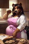 2024 anthro apron big_breasts biped black_nose breasts brown_body brown_fur clothed clothing cookie female food fur inside kitchen overweight overweight_anthro smile solo standing anonymous_director mammal ursid attempted_signature