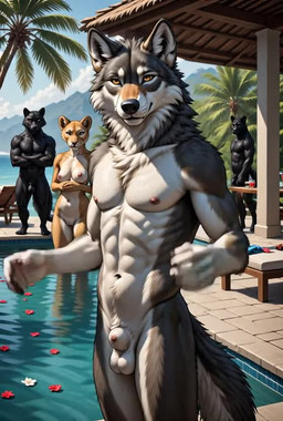animal_genitalia anthro balls breasts building casual_nudity female fur genitals group male nipples nude pussy resort sheath swimming_pool ulfur5605 canid canine canis felid lion mammal pantherine wolf animated short_playtime webm