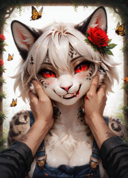 accessory ambient_flier ambiguous_gender animal_ears anthro bangs black_body black_clothing black_fur black_lips black_shirt black_topwear blood blue_overalls blush bodily_fluids cheek_tuft chest_tuft clothing depth_of_field detailed_fur duo eyelashes facial_tuft fangs female female/ambiguous first_person_view flower flower_in_hair fur hair hair_accessory hairy_arms hand_on_cheek hand_on_face head_tilt inner_ear_fluff lips looking_at_viewer multi_tone_fur multicolored_body multicolored_fur overalls overalls_only pink_nose plant pupils red_eyes red_sclera rolled_up_sleeves rose_(flower) shirt short_hair shoulder_tuft simple_background slit_pupils smile solo_focus spots spotted_body spotted_fur teeth thick_eyelashes topwear tuft two_tone_body two_tone_fur whisker_spots whiskers white_background white_body white_fur white_hair wounded the_wanderer_jax ambient_arthropod ambient_butterfly ambient_insect arthropod butterfly felid human insect lepidopteran mammal pantherine detailed digital_media_(artwork) hi_res