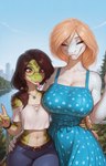 anthro big_breasts blonde_hair blouse bottomwear braided_hair breast_envy breast_size_difference breasts brown_hair city clothing denim denim_clothing dress duo embrace eyes_closed eyewear female female/female flat_chested forked_tongue gesture glasses green_body green_scales hair hug huge_breasts jeans jewelry lake looking_at_breasts necklace outside pants plant pose pupils red_eyes round_glasses scales sharp_teeth single_braid size_difference slit_pupils small_waist smile striped_body stripes sundress tail teeth tongue tongue_out topwear tree v_sign white_body white_scales wide_eyed wide_hips kerrag_(director) lizard reptile scalie snake hi_res