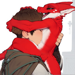 4_fingers 5_fingers anthro armor balls black_claws brown_hair cape claws clothing digitigrade duo eyes_closed fingers fur gauntlets genitals gloves grabbing_head green_eyes hair handwear happy holding_head holding_partner human_on_anthro interspecies looking_down male male/male medieval_clothing on_face open_mouth open_smile red_body red_fur short_hair side_view simple_background size_difference smile sniffing white_balls white_body white_fur adragocult furred_kobold human kobold mammal hi_res