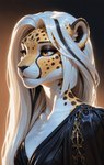 anthro black_clothing black_dress clothing dress female fur gold_trim hair solo spots spotted_body spotted_fur white_hair redstallion_(director) cheetah felid feline mammal absurd_res hi_res