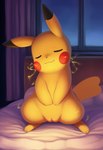 4_toes animal_genitalia bed closed_smile curtains_open electricity eyes_closed feet female feral fur furniture genitals hands_on_belly on_bed one_ear_up pussy sleeping solo standing standing_sleep toes window yellow_body yellow_fur jomisa nintendo pokemon generation_1_pokemon pikachu pokemon_(species) hi_res