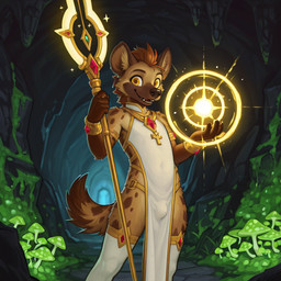anthro bulge cave clothed clothing cross crossdressing dress footwear fungus fur glowing halo happy legwear looking_at_viewer magic magic_user male multicolored_body multicolored_fur mushroom pelvic_curtain pose priest socks solo staff tail thigh_highs plapenjoyer hyaenid mammal spotted_hyena