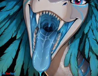 blue_eyes bodily_fluids drooling female feral long_neck long_tongue mouth_shot open_mouth red_eyes saliva solo teeth tongue roorapty kyrie dinosaur dromaeosaurid reptile scalie theropod velociraptor hi_res