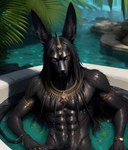 anthro anubian_jackal anubis bathing canid canine canis deity egyptian_mythology hair hi_res jackal jewelry long_ears long_hair male mammal seductive solo water wet wet_body