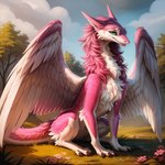 blep claws feathered_wings feathers female feral flower fluffy forest forest_background fur grass green_eyes hair hi_res hybrid looking_at_viewer messy_hair nature nature_background oldhroft pink_body pink_fur plant sergal sitting_on_ground solo thick_tail tongue tongue_out tree tuft wings