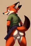 angry_puppy anthro ass_up balls blush bottomwear butt canid canine clothed clothing clothing_lift fox genitals looking_away male mammal nick_wilde open_mouth raised_tail shirt skirt skirt_lift solo topwear zootopia