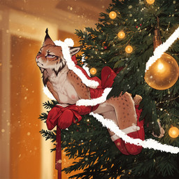 anthro bdsm bondage bound breasts christmas_clothing christmas_lights christmas_tree clothing costume female frown legwear micro plant pouting purple_eyes red_ribbon santa_costume small_breasts solo stockings tree wraps cerinil felid feline lynx mammal hi_res