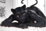 all_fours amber_eyes anthro bed bedding bedroom_eyes black_body black_fur cheek_tuft claw_nails curtain facial_tuft female framed_picture fur furniture head_down_ass_up looking_at_viewer narrowed_eyes pillow plant seductive solo tuft whiskers window ilmpbx siyana_(ilmpbx) felid mammal pantherine greyscale hi_res monochrome signature