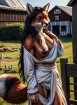 anthro black_hair black_nipples black_nose canid canine clothed clothing female fox fur hair hi_res long_hair looking_away mammal marcus64 nipples orange_body orange_fur partially_clothed red_fox solo standing village white_clothing