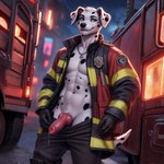 abs animal_genitalia animal_penis anthro athletic athletic_anthro athletic_male balls blue_eyes bodily_fluids canine_genitalia canine_penis clothing dripping erection exposed firefighter firefighter_uniform fur genital_fluids genitals gloves handwear knot looking_at_viewer male night night_sky nude outside penis precum precum_drip pubes public public_exposure public_nudity smile smiling_at_viewer solo white_body thunderwolf canid canine canis dalmatian domestic_dog mammal absurd_res hi_res