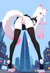 anthro anus bent_over black_clothing black_topwear bottomwear building butt city city_background clothed clothing digitigrade female fluffy fluffy_tail fur genitals hair highlights_(coloring) legwear long_hair long_legs miniskirt no_underwear outside pawpads paws pink_body pink_eyes pink_fur pink_hair presenting pussy skinny skirt skyscraper slim solo stockings thigh_highs toeless_legwear topwear tuft upskirt white_body white_fur y_anus seli-32 felid feline felis mammal absurd_res hi_res