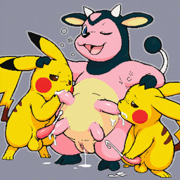 anthro balls bodily_fluids breast_play breast_suck breasts cum cum_in_pussy cum_inside cumshot ejaculation erection female genital_fluids genitals group group_sex lactating male nipples nude orgasm penis pussy semi-anthro sex simple_background sucking threesome anonymous_director nintendo pokemon generation_1_pokemon generation_2_pokemon miltank pikachu pokemon_(species) digital_media_(artwork) hi_res pixel_(artwork)