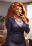 anthro breasts business_clothing chest_tuft felid female hair hi_res lazy_dragon light lion mammal office orange_hair pantherine solo sunlight tail tuft yellow_eyes