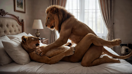ambiguous_penetration anthro balls bed bedroom breasts dark_nipples duo female from_front_position fur furniture genitals lamp lying male male/female missionary_position on_back pawpads penetration pink_nose realistic realistic_lighting sex small_breasts sound_effects sound_warning tail_tuft tan_body tan_fur tuft yellow_eyes zabern felid lion mammal pantherine absurd_res animated hi_res short_playtime webm