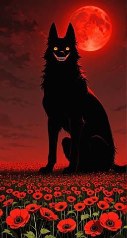 feral grin grinning_at_viewer male moon poppies smile solo hyote canid canine canis coyote mammal red spooky_(disambiguation) hi_res