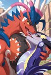 blue_sky bodily_fluids cliff duo eye_contact female feral french_kissing hair hand_behind_head kissing looking_at_another machine male male/female outside purple_body red_body red_eyes robotic_body size_difference sky tongue tongue_out upper_body powerhead_(director) nintendo pokemon dragon generation_9_pokemon koraidon legendary_pokemon miraidon pokemon_(species) robot scalie hi_res