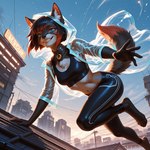 city clothing cyberpunk female fur inner_ear_fluff leggings legwear on_roof pose rooftop sky skyscraper tuft ft-27 canid canine fox mammal black body invalid_background