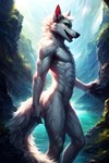 absurd_res anthro backlighting canid canine canis digitigrade fluffy fur grass green_eyes hi_res light lighting looking_at_viewer male mammal mountains muscular nature nature_background nude plant skinny smile solo solo_focus standing tail white_body white_fur wolf yalonip