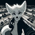 anthro bottomwear car city city_background clothing dall-e_3 detailed_background fur gesture gray_eyes grey_eyes jacket male night pants selfie shirt solo topwear v_sign vehicle white_body white_fur lucifluffy wilek canid canine fennec fox mammal half-length_portrait portrait