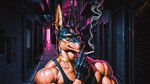 anthro bedroom_eyes biceps cigarette clothing ear_piercing ear_ring gloves handwear looking_at_viewer male muscular narrowed_eyes piercing pink_eyes pink_light ring_piercing seductive shirt smoking solo street tank_top teasing topwear vlrgromns billy_herrington canid canine mammal hi_res