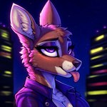 1:1 anthro brown_body brown_fur cervid clothing colored deer_ears detailed female fur hi_res jacket leather leather_clothing leather_jacket leather_topwear lungfish1223 mammal night purple_eyes solo tongue tongue_out topwear