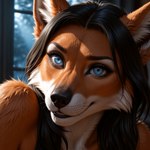 anthro black_hair black_lips black_nose blue_eyes cheek_tuft detailed_eyes detailed_fur eyelashes facial_tuft female fur hair inner_ear_fluff inside lips looking_at_viewer orange_body orange_fur plant pupils smile solo tree tuft whiskers white_body white_fur window denis0k canid canine fox mammal maned_wolf bust_portrait detailed headshot_portrait portrait