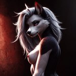 breasts dark_ears female fur nipples solo white_body white_fur lomhanimator loona_(helluva_boss) canid canid_demon demon humanoid mammal absurd_res hi_res