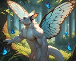 abs anthro balls detailed_background flaccid forest fur genitals grass grey_body grey_fur humanoid_genitalia humanoid_penis male muscular muscular_anthro muscular_male nipples nude outdoor outside pecs penis plant solo standing toony tree tuft wings notte arthropod butterfly canid canine canis hybrid insect lepidopteran mammal wolf absurd_res detailed hi_res