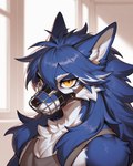 amber_eyes blue_body blue_fur blue_hair chest_tuft fluffy fluffy_ears fur hair long_hair male muzzle_(object) neck_tuft solo tanktop tuft alastorgj fell_(fenrir) animal_humanoid canid canine canis humanoid mammal mammal_humanoid wolf hi_res