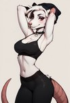 anthro beanie black_clothing bottomwear bra clothing collar eyelashes eyeshadow female fur hair hands_behind_head hat headgear headwear makeup pants pink_nose rat_tail red_eyes simple_background slim solo sports_bra underwear white_body white_fur white_hair mexican_kratos possum-roommate_(mexican_kratos) didelphid mammal marsupial phalangeriform hi_res
