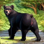 1:1 anus black_bear black_body black_fur bodily_fluids colored detailed detailed_background drooling female feral fur genitals hi_res lungfish1223 mammal orange_eyes presenting pussy raised_tail saliva solo tongue tongue_out ursid ursine