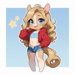 abstract_background anthro blush bottomwear chibi clothing crop_top curled_hair cute_belly cute_eyes cutoffs denim denim_clothing equid equine femboy hair hoodie hoodie_(hood_man5) hoodie_the_horse horse humanoid male mammal shirt shorts smile solo topwear