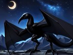 ambiguous_gender avian_feet beak black_beak black_body black_claws black_eyes black_skin claws crescent_moon detailed_background feral furryrock_(model) light milky_way moon moonlight mountains muscular night night_sky solo solo_focus standing tail talons wings falcoger lethrblaka monster razac hi_res