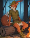 accidental_exposure animal_genitalia anthro balls belt boots campfire clothing footwear forest genitals grin hat hat_feather headgear headwear log loose_feather male plant sheath sitting smile solo teeth tree tunic wood styx343 robin_hood canid canine fox mammal hi_res