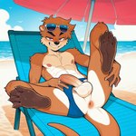 4_toes abs anthro anus athletic athletic_anthro athletic_male balls beach beach_chair beach_umbrella bedroom_eyes bodily_fluids brown_body brown_fur butt claws clothed clothing clothing_aside cloud countershade_face countershade_fur countershade_torso countershading day detailed_background erection eyebrows eyewear eyewear_on_head feet fingers foreskin fur genital_fluids genitals grin humanoid_genitalia humanoid_penis looking_at_viewer lying male membrane_(anatomy) multicolored_body multicolored_fur muscular muscular_male narrowed_eyes nipples nude on_back outdoor_nudity outside parasol pecs penis perineum precum presenting presenting_anus presenting_hindquarters presenting_penis purple_eyes sand sea seaside seductive sky smile smiling_at_viewer smirk soles solo speedo spread_legs spread_toes spreading sunglasses sunglasses_on_head swimwear tail tan_body teeth toe_claws toes topless tuft two_tone_body two_tone_fur umbrella underwear underwear_aside water webbed_feet webbed_hands white_body white_fur unknown_director avian bird lutrine mammal mustelid hi_res