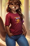 anthro blonde_hair bottomwear brown_eyes clothing denim denim_clothing female hair jeans pants red_clothing red_shirt red_topwear shirt solo topwear mindry tabatha_(mindry) lutrai lutrine mammal mustelid attempted_signature