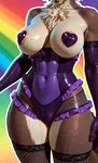 anthro armwear belly bottomwear breasts chest_tuft clothed clothing corset curvy_figure elbow_gloves female fishnet fishnet_clothing fishnet_legwear fishnet_topwear front_view fur gloves handwear hotpants legwear lingerie looking_at_viewer medium_breasts navel obscured_face pasties purple_eyes rainbow_background shorts simple_background skimpy solo standing tail thick_thighs thigh_highs topwear translucent translucent_clothing tuft white_body white_fur wide_hips chamir136_(director) beastars juno_(beastars) canid canine canis humanoid mammal wolf hi_res