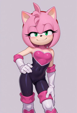 anthro blush clothing female gloves hand_on_hip handwear looking_at_viewer simple_background smile solo novamanexe sega sonic_the_hedgehog_(series) amy_rose hi_res