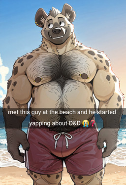 anthro beach beach_background big_hands body_hair brown_nipples bulge chest_hair chubby_male clothing ear_piercing ear_ring eyebrow_piercing eyebrows facial_piercing gold_(metal) gold_jewelry hairy hairy_arms happy_trail inner_ear_fluff jewelry looking_away male mane musclegut muscular muscular_arms muscular_male muscular_shoulders nipple_piercing nipples notched_ear open_mouth pecs piercing red_clothing ring_piercing seaside slightly_chubby smile snaggle_tooth solo standing swimming_trunks swimwear teeth thick_neck tuft leafeon_lover hyaenid mammal spotted_hyena hi_res