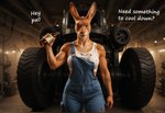alcohol anthro athletic athletic_female beer beverage blurred_background bottle bottomwear brown_body brown_fur cinematic_lighting clothing denim denim_clothing dirty engine female fur futuristic garage jeans looking_at_viewer machine muscular muscular_female overalls pants shirt slight_smile solo tank_top text tire topwear nnam_si3 kangaroo macropod mammal marsupial english_text hi_res