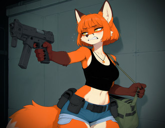 5_fingers angry bag belt black_clothing black_nose black_shirt black_tank_top black_topwear blue_bottomwear blue_clothing bottomwear breasts brown_body claws clenched_teeth clothed clothing countershade_torso countershading crop_top cutoffs denim denim_bottomwear denim_clothing dipstick_ears dipstick_tail ear_markings eyebrows facial_markings female finger_claws fingers fur gloves_(marking) gun hair handgun head_markings holding_gun holding_handgun holding_object holding_pistol holding_weapon hotpants inner_ear_fluff jewelry markings midriff multicolored_body multicolored_ears multicolored_fur navel necklace orange_body orange_eyes orange_fur orange_hair pistol ranged_weapon shirt short_hair shorts solo standing tail tail_markings tank_top teeth topwear tuft weapon white_body white_fur yellow_eyes hank94_(director) canid canine fox mammal hi_res