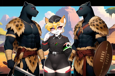 absolute_territory africa anthro black_body black_fur blonde_hair blush bottomwear bulge clothed clothing cloud fur girly group hair imminent_sex jewelry legwear loincloth looking_at_viewer male male/male melee_weapon military_uniform mostly_nude muscular muscular_male necklace nipples outside pan_african pants plant red_eyes shield shirt skirt sky smile stockings thigh_highs topwear tribal tribal_jewelry trio uniform weapon white_body white_fur tasticstarlight zulu domestic_cat felid feline felis mammal pantherine invalid_tag absurd_res hi_res