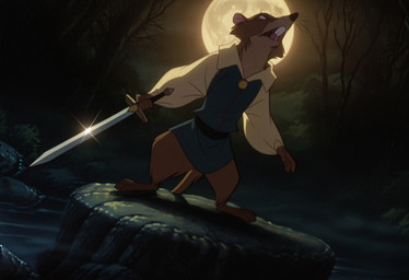 4_fingers anthro clothing don_bluth dutch_angle fingers forest glint male melee_weapon moon night open_mouth outside plant pose semi-anthro solo standing sword teeth tree tunic weapon aksel the_secret_of_nimh justin_(nimh) mammal murid murine rat rodent hi_res