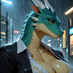 anthro belly belly_scales black_clothing breasts city city_background cityscape cleavage clothed clothed_female clothing dragoness female green_body green_scales horn mythology night non-mammal_breasts outside raining scales solo tan_belly tan_body tan_scales yellow_eyes waterfall_(director) dragon mythological_creature mythological_scalie scalie hi_res