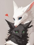 anthro beak black_body black_claws black_collar black_fur black_sclera blep blue_eyes claws collar duo embrace female female/female fingerpads fluffy fur green_sclera heart_symbol hug inner_ear_fluff looking_away looking_down monotone_body monotone_fur mythology neck_tuft pawpads romantic romantic_couple simple_background smile spots spotted_body spotted_fur tongue tongue_out tuft white_body white_fur oldhroft luna_(scalesai) shadow_(oldhroft) avian dragon furred_dragon mythological_creature mythological_scalie scalie velari headshot_portrait hi_res portrait