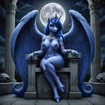 anthro blue_body blue_fur breasts chair exposed_breasts female fur furniture horn moon solo temple throne wings vermilion888 princess_luna_(mlp) equid equine mammal my_little_pony winged_unicorn absurd_res hi_res