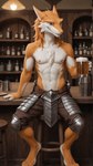 alcohol anthro armor bar_stool beer belly beverage blue_eyes bottomwear chest_tuft clothed clothing counter fur furniture male mug nipples orange_body orange_fur pants solo stool tavern topless topless_male tuft white_belly bigboyblaziken sergal hi_res